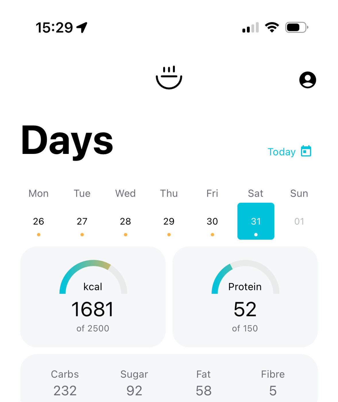 Preview screen of the days overview with a date selector and stats on key nutrition macros